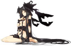Rule 34 | 1girl, absurdly long hair, bad id, bad twitter id, black hair, breasts, brown eyes, finger to mouth, full body, hair censor, hair over breasts, highres, horns, bridal garter, long hair, looking at viewer, miruto netsuki, original, simple background, sitting, small breasts, solo, very long hair, wariza, white background