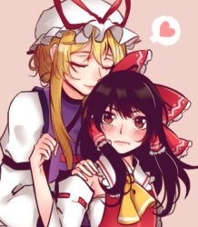 Rule 34 | 2girls, aki-melody, armband, ascot, behind another, black hair, blonde hair, blush, bow, closed eyes, curled fingers, detached sleeves, dress, expressionless, hair bow, hair tubes, hair up, hakurei reimu, hand on another&#039;s shoulder, hand up, hat, hat ribbon, heads together, heart, looking at viewer, mob cap, multiple girls, pink background, red eyes, red vest, ribbon, sidelocks, simple background, smile, spoken heart, standing, tabard, touhou, vest, white dress, yakumo yukari, yellow ascot, yuri