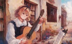Rule 34 | 1girl, acoustic guitar, animal, aqua eyes, bad id, bad pixiv id, black ribbon, blonde hair, blouse, blurry, blush, book, bug, butterfly, collar, curly hair, depth of field, door, drainpipe, flower, flower pot, fly, flying, guitar, hair ribbon, hairband, head tilt, hut, industrial pipe, insect, instrument, long sleeves, music, open book, original, outdoors, path, plant, playing instrument, potted plant, pvmivs, ribbon, road, sheet music, shirt, short hair, solo, string, tareme, upper body, vest, village, white shirt, window, wings