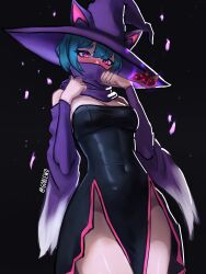 Rule 34 | 1girl, absurdres, animal ears, berry, black dress, blue hair, blush, breasts, covered navel, covering own mouth, detached sleeves, dress, goblewd, hat, hat with ears, highres, humanization, katress (palworld), looking at viewer, medium breasts, nose blush, palworld, pelvic curtain, purple eyes, purple hat, purple scarf, purple sleeves, scarf, short hair, side slit, solo, twitter username, wizard hat