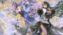 Rule 34 | 2girls, absurdres, azur lane, bare shoulders, black dress, black hair, blue dress, breasts, chi an (azur lane), china dress, chinese clothes, closed mouth, company connection, company name, copyright name, dress, feather trim, floral background, green eyes, highres, holding, huan ch&#039;ang (azur lane), kei (keiuu), large breasts, lips, logo, long dress, long hair, looking at viewer, mask, multiple girls, official art, parted lips, petals, purple eyes, purple hair, second-party source, see-through, sleeveless, sleeveless dress, smile