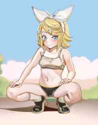 Rule 34 | 1girl, aruman, black bloomers, black footwear, bloomers, blue eyes, blush, bow, collarbone, commentary, full body, hair bow, hair ornament, hairband, hairclip, hands on own thighs, high heels, highres, kagamine rin, looking at viewer, navel, paid reward available, short hair, smile, socks, solo, sports bra, squatting, swept bangs, variant set, vocaloid, white bow, white hairband, white socks, white sports bra, yellow nails