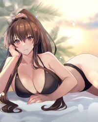 Rule 34 | 1girl, bare shoulders, bikini, black bikini, blurry, blurry background, breasts, brown eyes, brown hair, cleavage, cloud, collarbone, commentary, flower, hair between eyes, hair flower, hair intakes, hair ornament, hand on own cheek, hand on own face, high ponytail, highres, kantai collection, kasumi (skchkko), large breasts, long hair, looking at viewer, lying, navel, on side, on stomach, outdoors, palm tree, parted lips, ponytail, solo, sunrise, swimsuit, thighs, tree, yamato (kancolle)