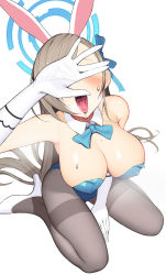 Rule 34 | 1girl, animal ears, aqua leotard, asuna (blue archive), asuna (bunny) (blue archive), blue archive, blue bow, blue bowtie, blue leotard, blush, bow, bowtie, breasts, brown pantyhose, commentary request, covering face, covering own eyes, detached collar, fake animal ears, gloves, hair over one eye, halo, high heels, highleg, highleg leotard, highres, large breasts, leotard, light brown hair, migu (iws2525), mole, mole on breast, oral invitation, pantyhose, playboy bunny, rabbit ears, revision, saliva, strapless, strapless leotard, tongue, tongue out, traditional bowtie, white footwear, white gloves
