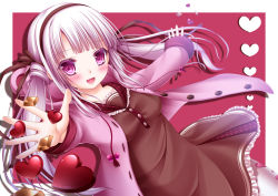 Rule 34 | 1girl, :d, bow, candy, chocolate, chocolate heart, food, hair bow, hair ribbon, hairband, heart, hood, hooded jacket, jacket, long hair, looking at viewer, open mouth, original, purple eyes, ribbon, shitou, silver hair, smile, solo, twintails, valentine