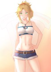 Rule 34 | 1girl, absurdres, artist request, bandeau, bare shoulders, belt, blonde hair, blush, breasts, clarent (fate), collarbone, cutoffs, denim, denim shorts, fate/apocrypha, fate (series), gradient background, green eyes, hair ornament, hair scrunchie, hand on own hip, highres, jewelry, long hair, looking at viewer, medium breasts, mordred (fate), mordred (fate/apocrypha), mordred (memories at trifas) (fate), navel, necklace, parted lips, ponytail, scrunchie, shirt, short shorts, shorts, sidelocks, smile, solo, sword, thighs, weapon, white shirt