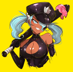 Rule 34 | baseball bat, black headwear, blue eyes, blue hair, blush, borrowed character, breasts, cleavage, cleavage cutout, clothing cutout, dark-skinned female, dark skin, elbow gloves, gloves, grin, hair over one eye, hat, highres, holding, holding baseball bat, large breasts, looking at viewer, omiza somi, original, parted lips, simple background, smile, teeth, yellow background