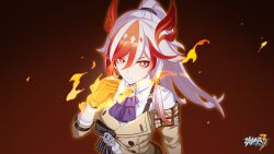 Rule 34 | 1girl, ascot, brown gloves, chinese commentary, clenched hand, closed mouth, eyeliner, fire, fu hua, fu hua (garuda), fu hua (hawk of the fog), fu hua (valkyrie accipiter), gloves, hair between eyes, high ponytail, highres, honkai (series), honkai impact 3rd, logo, long hair, makeup, multicolored hair, official alternate costume, official art, official wallpaper, purple ascot, red background, red eyeliner, simple background, solo, spoilers, streaked hair, upper body, white hair