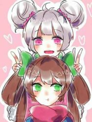 Rule 34 | 2girls, :d, :t, ahoge, behind another, blush, bow, brown hair, closed mouth, double bun, double v, green bow, green eyes, grey hair, hair bow, hair bun, hair ornament, hair rings, hair scrunchie, hand up, hands up, heart, long hair, looking at another, looking away, looking down, looking to the side, multiple girls, open mouth, outline, pink background, pink eyes, pink scarf, scarf, scrunchie, short hair, simple background, sketch, smile, triangle, v, wangzhe rongyao