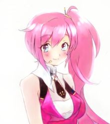 Rule 34 | 1girl, blue eyes, breasts, cleavage, headphones, long hair, looking at viewer, pink hair, ponytail, side ponytail, simple background, smile, solo, uni (vocaloid), upper body, very long hair, vest, vocaloid, white background