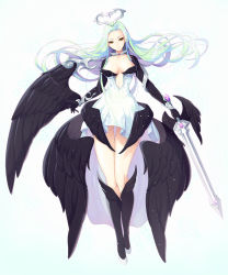 Rule 34 | 1girl, bad id, bad pixiv id, black gloves, black socks, black wings, breasts, brown eyes, collarbone, commentary request, dress, elbow gloves, feathered wings, gloves, gluteal fold, gradient background, green background, green hair, head tilt, headgear, highres, holding, holding sword, holding weapon, kneehighs, koflif, large breasts, looking at viewer, low wings, multiple wings, original, parted bangs, parted lips, shoes, smile, socks, solo, strapless, strapless dress, sword, thighs, v-shaped eyebrows, weapon, white background, white dress, white footwear, winged sword, wings