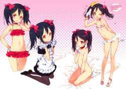 Rule 34 | 10s, 1girl, ;d, absurdres, apron, ascii media works, bare shoulders, between thighs, bikini, black hair, black pantyhose, bow, bracelet, character sheet, choker, collar, condom, condom wrapper, flat chest, frilled bikini, frills, gloves, hand to own mouth, heart, highres, huge filesize, jewelry, kneeling, leaning forward, legs, long legs, love live!, love live! school idol project, maid, maid apron, multiple views, navel, nude, one eye closed, ooyari ashito, open mouth, pantyhose, red bikini, red eyes, sandals, scan, seiza, sitting, smile, socks, striped bikini, striped clothes, sweat, sweatdrop, swimsuit, tears, thighs, translation request, twintails, white gloves, white pantyhose, wink, yazawa nico