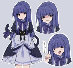 1girl animal black_cat black_dress blue_hair blunt_bangs blush bow cat cat_tail closed_eyes closed_mouth commentary_request dress frederica_bernkastel frills grey_background grin highres holding holding_animal holding_cat long_hair looking_at_viewer multiple_views open_mouth paw_pose poyadevil puffy_sleeves purple_bow purple_eyes shaded_face sidelocks simple_background smile standing star_(symbol) tail tail_bow tail_ornament umineko_no_naku_koro_ni