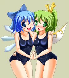 Rule 34 | 2girls, bad id, bad pixiv id, bare shoulders, blue eyes, blue hair, blush, bow, cirno, daiyousei, embodiment of scarlet devil, fang, green eyes, green hair, hair bow, highres, holding hands, multiple girls, one-piece swimsuit, one eye closed, school swimsuit, shiny clothes, short hair, skindentation, smile, swimsuit, tera hiroshi, touhou, wings, wink