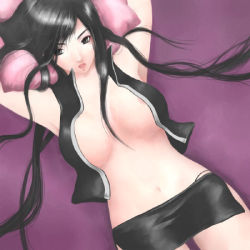 Rule 34 | 00s, 1girl, 2000s (style), asymmetrical bangs, black hair, breasts, brown eyes, cleavage, final fantasy, final fantasy vii, final fantasy vii advent children, large breasts, long hair, lowres, lying, miniskirt, navel, open clothes, open shirt, pillow, rendezvous, skirt, solo, square enix, tifa lockhart, upper body