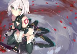 Rule 34 | 1girl, armpit crease, bandaged arm, bandages, bare shoulders, belt, black panties, black shirt, black thighhighs, boots, breasts, cleavage, cleavage cutout, closed mouth, clothing cutout, commentary request, crop top, dagger, dual wielding, facial scar, fate/apocrypha, fate (series), fingerless gloves, from above, gloves, green eyes, groin, hair between eyes, highres, holding, holding dagger, holding knife, holding weapon, jack the ripper (fate/apocrypha), kneeling, knife, looking at viewer, panties, petals, petals on liquid, reflection, ripples, sakimiya mafu, scar, scar across eye, scar on cheek, scar on face, sheath, sheathed, shirt, short hair, single glove, sleeveless, sleeveless shirt, small breasts, solo, stomach, tattoo, thigh boots, thighhighs, underwear, water, weapon, white hair