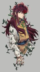 Rule 34 | 1boy, absurdres, androgynous, chinese clothes, closed mouth, cropped torso, expressionless, flower, flower over eye, green eyes, grey background, hair over one eye, highres, kurama (yu yu hakusho), leaf, long hair, long sleeves, looking at viewer, male focus, mame moyashi, plant, red flower, red hair, red rose, rose, sash, sidelocks, sideways glance, simple background, solo, tabard, thorns, upper body, very long hair, vines, yuu yuu hakusho