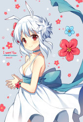 Rule 34 | 1girl, animal ears, bare shoulders, blue bow, blue choker, blue flower, bow, breasts, choker, cleavage, closed mouth, collarbone, commentary request, djmax, djmax respect, dress, english text, floral background, flower, from side, grey background, hair flower, hair ornament, looking at viewer, looking to the side, mauve, medium breasts, own hands together, rabbit ears, red eyes, red flower, sidelocks, silver hair, sleeveless, sleeveless dress, smile, solo, suee, twitter username, white dress