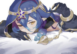 Rule 34 | 1girl, bare shoulders, black gloves, blue hair, blue hood, bright pupils, claw ring, detached sleeves, drill hair, genshin impact, gloves, hair between eyes, highres, hood, jewelry, juliet sleeves, layla (genshin impact), long hair, long sleeves, looking at viewer, neck ring, parted lips, pointy ears, puffy sleeves, ryein, solo, very long hair, white pupils, yellow eyes