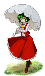 Rule 34 | 1girl, black pantyhose, breasts, closed mouth, collared shirt, commentary, dress shirt, english commentary, frilled skirt, frills, full body, grass, green hair, grey umbrella, hair between eyes, high heels, highres, holding, holding umbrella, kazami yuuka, looking at viewer, medium breasts, open clothes, open vest, pantyhose, red eyes, red footwear, red skirt, red vest, shirt, shoes, simple background, skirt, smile, solo, spottylen, standing, touhou, umbrella, vest, white background, white shirt