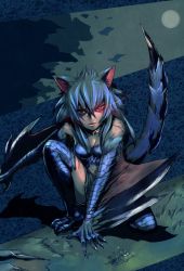 Rule 34 | 1girl, animal ears, blue hair, bow (bhp), capcom, eye trail, glowing, glowing eye, highres, light trail, monster girl, monster hunter (series), nargacuga, personification, red eyes, scar, solo, tail, wings