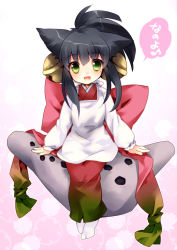 Rule 34 | 1girl, :d, animal ears, apron, ar tonelico, ar tonelico i, bell, black hair, cat ears, ech, gradient background, green eyes, hair bell, hair ornament, hama (ar tonelico), highres, instrument, japanese clothes, jingle bell, kappougi, ocarina, open mouth, simple background, sitting, smile, socks, solo, tabi, white socks