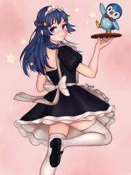 Rule 34 | 1girl, absurdres, alternate costume, black dress, black footwear, blue eyes, blue hair, bow, braid, closed mouth, commentary, creatures (company), dawn (pokemon), dress, enmaided, frills, game freak, gen 4 pokemon, hair ornament, hairclip, hand up, highres, holding, holding tray, leg up, long hair, looking back, maid, maid headdress, nintendo, piplup, pokemon, pokemon (anime), pokemon (creature), pokemon dppt (anime), shoes, short sleeves, signature, smile, star (symbol), thighhighs, tray, txnshi, white thighhighs