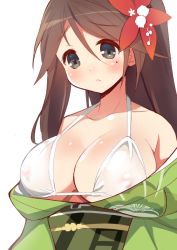 Rule 34 | 10s, 1girl, 9law, amagi (kancolle), bad id, bad pixiv id, blush, bra, breasts, brown eyes, brown hair, cleavage, covered erect nipples, female focus, flower, hair flower, hair ornament, japanese clothes, kantai collection, kimono, large breasts, long hair, mole, mole under eye, nipples, see-through, simple background, solo, underwear, white background, white bra