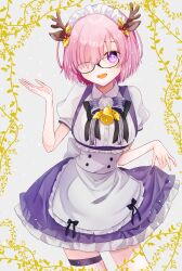 Rule 34 | 1girl, :d, absurdres, animal ears, antlers, apron, black-framed eyewear, black bow, black bowtie, bow, bowtie, deer ears, dress shirt, fate/grand order, fate (series), glasses, hair ornament, harukappa, highres, horns, looking at viewer, maid headdress, mash kyrielight, miniskirt, open mouth, pink eyes, pink hair, purple bow, purple bowtie, purple skirt, reindeer antlers, shirt, short hair, short sleeves, skirt, smile, solo, standing, suspender skirt, suspenders, thigh strap, waist apron, white apron, white shirt