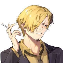 Rule 34 | 1boy, artist name, beard, black bow, black hair, black suit, blonde hair, bow, cigarette, colored skin, curly eyebrows, dated, facial hair, formal, hair between eyes, hair over one eye, hand up, head tilt, highres, holding, holding cigarette, jyukawa, looking to the side, male focus, necktie, one piece, parted lips, portrait, sanji (one piece), shirt, short hair, simple background, solo, suit, white background, white skin, yellow necktie, yellow shirt