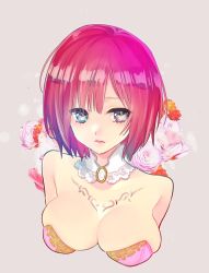 Rule 34 | 1girl, 22 dooog, bare shoulders, blue eyes, breasts, cleavage, closed mouth, flower, looking at viewer, nel zelpher, red hair, short hair, simple background, solo, star ocean, star ocean anamnesis, star ocean till the end of time, tattoo