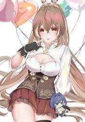 Rule 34 | 1girl, absurdres, ahoge, artkouchiku, balloon, birthday, brown corset, brown eyes, brown hair, cleavage cutout, clothing cutout, corset, feather hair ornament, feathers, gloves, hair ornament, hairclip, happy birthday, heart, highres, hololive, hololive english, long hair, looking at viewer, multicolored hair, nanashi mumei, objectification, ouro kronii, partially fingerless gloves, pleated skirt, ponytail, red skirt, shirt, skirt, smol kronii, streaked hair, stuffed toy, tongue, tongue out, very long hair, virtual youtuber, white shirt
