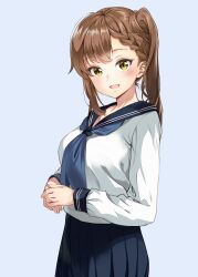 Rule 34 | 1girl, absurdres, blue background, blue neckerchief, blue sailor collar, blue skirt, blush, braid, brown hair, highres, kotobuki hisako, long hair, long sleeves, looking at viewer, neckerchief, open mouth, own hands together, pleated skirt, sailor collar, sayuuiede, school uniform, seitokai nimo anawa aru!, serafuku, shirt, side braid, simple background, skirt, solo, twintails, uneven twintails, white shirt, yellow eyes