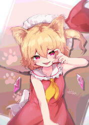 Rule 34 | 1girl, animal ears, ascot, cat ears, cowboy shot, fang, flandre scarlet, hat, highres, kabochamaronpie, medium hair, red eyes, side ponytail, solo, tongue, tongue out, touhou, yellow ascot