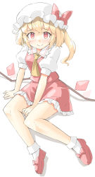 Rule 34 | 1girl, arm support, arnest, ascot, blonde hair, blush, flandre scarlet, furrowed brow, hat, highres, looking at viewer, mob cap, puffy short sleeves, puffy sleeves, red eyes, red skirt, ribbon, shoes, short sleeves, simple background, sitting, skirt, smile, socks, solo, touhou, vest, white background, white socks, wings, yokozuwari