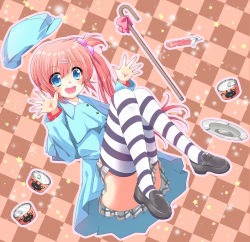 Rule 34 | 1girl, ashtray, bad id, bad pixiv id, beret, blue eyes, can, cane, checkered background, coat, deerstalker, hat, little busters!, long hair, mitsugushi yuu, pet food, pink hair, plaid, plaid skirt, saigusa haruka, side ponytail, skirt, solo, striped clothes, striped thighhighs, thighhighs