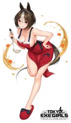 Rule 34 | 1girl, animal ears, apron, bare shoulders, breasts, brown eyes, brown hair, cleavage, collarbone, commentary, fingernails, food, full body, hand on own hip, highres, holding, horse girl, ladle, large breasts, leg up, logo, looking at viewer, multicolored hair, official art, re:shimashima, sandals, sideboob, simple background, smile, solo, tail, tokyo exe girls, tongue, tongue out, white hair