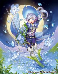 Rule 34 | 1girl, baby-blue-eyes musketeer may len, blue eyes, blue hair, boots, bouquet, capelet, cardfight!! vanguard, company name, feathers, flower, hat, leaf, matsurika youko, night, night sky, official art, open mouth, petals, short hair, sky, star (symbol), sword, teeth, weapon
