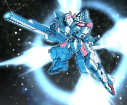 Rule 34 | beam cannon, commentary, daigosan (k66daigensui), energy cannon, exhaust, glowing, glowing eyes, green eyes, gundam, gundam calibarn, gundam suisei no majo, highres, holding, holding cannon, holding weapon, light particles, mecha, mobile suit, no humans, robot, science fiction, solo, space, thrusters, v-fin, weapon
