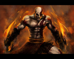 Rule 34 | 1boy, bald, beard, blade, blood, chain, epic, facial hair, fire, god of war, kratos (god of war), male focus, manly, mythology, pale skin, pteruges, scar, solo, spartan, sword, tattoo, topless male, weapon