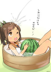 Rule 34 | 10s, 1girl, absurdres, bathtub, brown eyes, brown hair, food, fruit, highres, i-401 (kancolle), kantai collection, lying, on back, one-piece swimsuit, one eye closed, open mouth, partially submerged, ponytail, ryuki (ryukisukune), sailor collar, school swimsuit, short ponytail, solo, swimsuit, swimsuit under clothes, tan, tanline, translation request, water, watermelon, wet