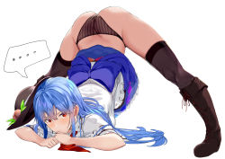 Rule 34 | 1girl, absurdres, ass, black thighhighs, blue hair, dress, hat, highres, hinanawi tenshi, jack-o&#039; challenge, looking at viewer, neropaso, panties, red eyes, solo, spread legs, striped clothes, striped panties, thighhighs, thighs, top-down bottom-up, touhou, underwear, white background