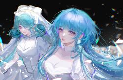Rule 34 | 2girls, absurdres, alternate costume, aqua hair, black background, blue hair, blurry, blurry background, breasts, bridal veil, chinese commentary, cleavage, cleavage cutout, clothing cutout, collarbone, commentary, dress, field, flower, flower field, glowing, glowing petals, grey eyes, hamel (path to nowhere), highres, lips, long hair, looking at viewer, looking to the side, medium breasts, multiple girls, napuoligua, path to nowhere, petals, pointy ears, purple eyes, serpent (path to nowhere), side-by-side, slit pupils, veil, white dress, white flower, white headwear, white petals