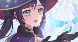 Rule 34 | 1girl, :d, absurdres, black gloves, black hair, blurry, choker, close-up, commentary request, depth of field, fairy, genshin impact, gloves, green eyes, hair between eyes, hat, highres, long hair, long sleeves, looking at viewer, mona (genshin impact), open mouth, portrait, shixue shaonu lao, sidelocks, smile, snow, snowing, solo, twintails, witch hat