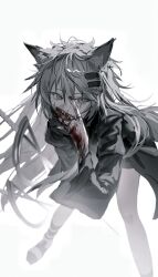 absurdres animal_ear_fluff animal_ears arknights bent_over black_jacket black_nails blood blood_on_face blood_on_hands grey_eyes grey_hair greyscale hair_between_eyes hair_ornament hairclip highres jacket lappland_(arknights) licking licking_hand long_hair looking_at_viewer monochrome partially_colored scar scar_across_eye sidelocks wolf_ears wolf_girl xianyusixu