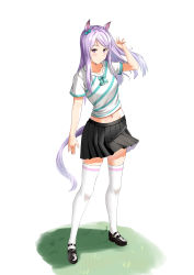 Rule 34 | 1girl, absurdres, alternate costume, animal ears, black footwear, black skirt, bow, breasts, closed mouth, collarbone, commentary, forehead, frilled skirt, frills, grass, hand up, highres, horse ears, horse girl, horse tail, jacket, legs apart, long hair, looking at viewer, mejiro mcqueen (umamusume), navel, parted bangs, purple eyes, purple hair, shadow, shirt, short sleeves, simple background, skirt, smile, solo, split mouth, standing, striped clothes, striped shirt, tail, tari (aegr3883), thighhighs, umamusume, unworn jacket, white background, ||/