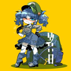 Rule 34 | backpack, bag, black gloves, blue eyes, blue footwear, blue hair, blue skirt, blush, boots, breasts, collared shirt, frilled shirt collar, frilled skirt, frills, full body, gloves, green hat, grey shirt, hand on own hip, hat, kawashiro nitori, key, long sleeves, medium hair, one eye closed, pocket, see-through, shirt, short twintails, sidelocks, skirt, sleeves rolled up, solo, standing, touhou, translation request, twintails, yellow background, yt (wai-tei)