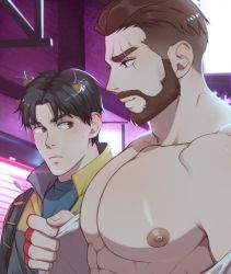 Rule 34 | 2boys, bara, bare pectorals, beard, black hair, black jacket, blue shirt, brown eyes, brown hair, closed mouth, commission, david king (dead by daylight), dead by daylight, facial hair, from side, high collar, highres, jacket, jake park, large pectorals, leaf, leaf on head, looking at another, male focus, meme, multicolored clothes, multicolored jacket, multiple boys, muscular, muscular male, nipples, open clothes, open shirt, girl staring at guys chest (meme), pectoral focus, pectorals, punim410, shirt, short hair, smile, two-tone jacket, upper body, white shirt, yellow jacket