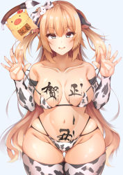 Rule 34 | absurdres, akai haato, animal print, arm warmers, bikini, blonde hair, blue eyes, body writing, calligraphy, calligraphy brush, chinese zodiac, cow hair ornament, cow print, cowboy shot, haaton (akai haato), highres, hololive, long sleeves, micro bikini, paintbrush, skindentation, smile, swimsuit, thighhighs, thighs, virtual youtuber, wide hips, year of the ox