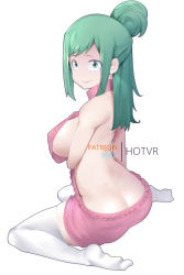 Rule 34 | 1girl, ass, boku no hero academia, breasts, butt crack, closed mouth, full body, green eyes, green hair, hot vr, large breasts, long hair, looking at viewer, looking back, mature female, meme attire, midoriya inko, no bra, pink sweater, sideboob, sidelocks, simple background, sitting, smile, solo, sweater, thighhighs, virgin killer sweater, wariza, white background, white thighhighs